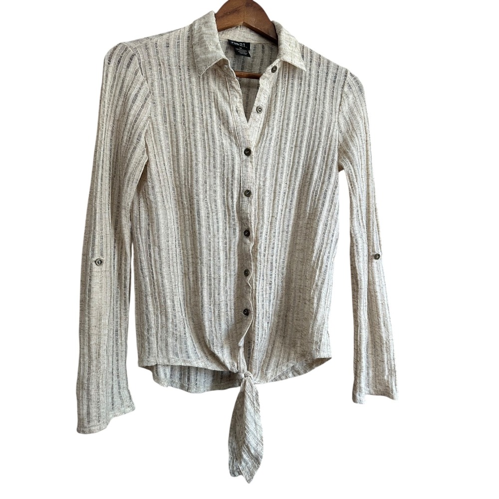 Rue 21 Women's Beige Striped Knit Tie Front Button Up Long Sleeve Shirt Size M
